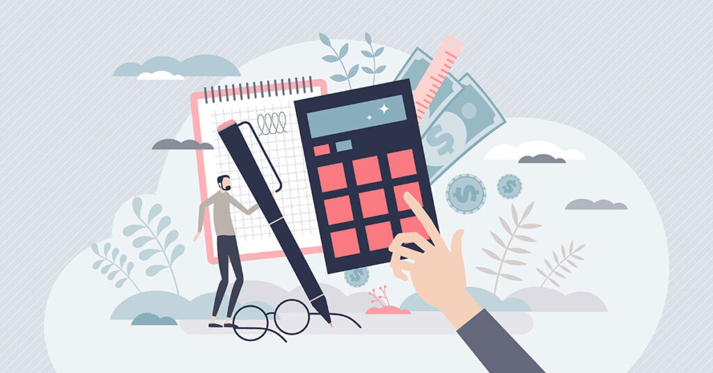 Indirect Expenses, graphic with a calculator and finance related objects.